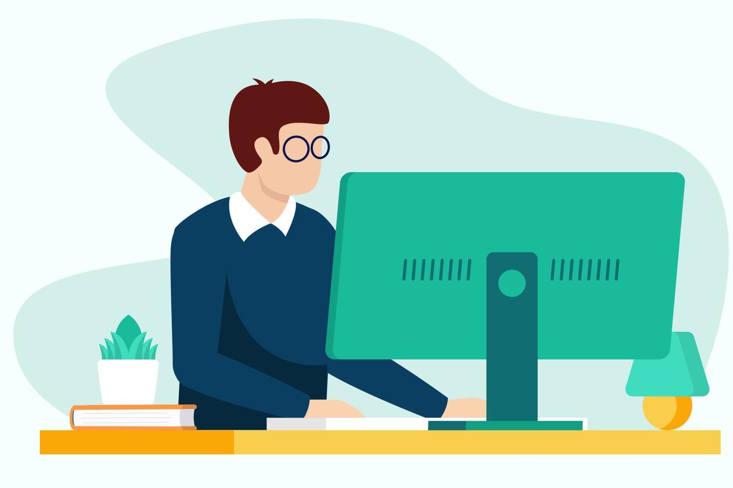 Man working at the computer. Vector illustration in a flat style.