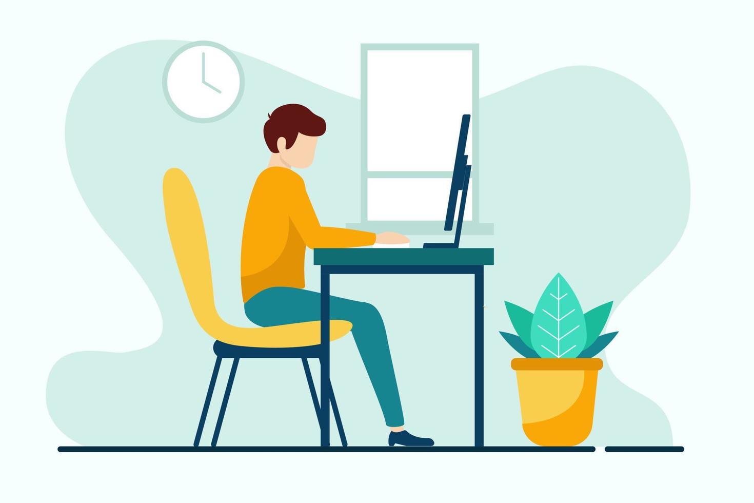 Freelancer working at the computer. Flat design vector illustration.