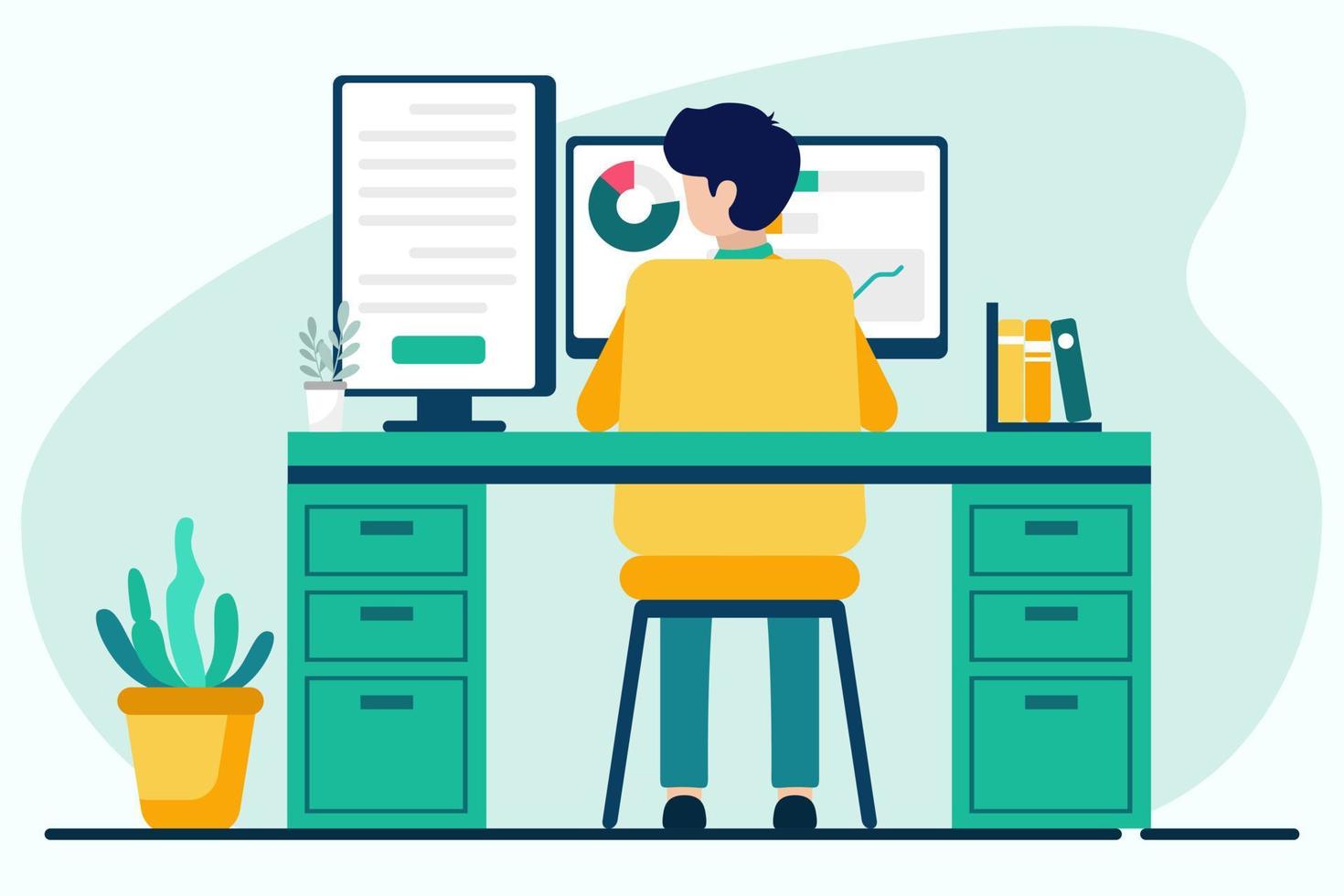 Man working on computer at home office. Vector illustration in flat style