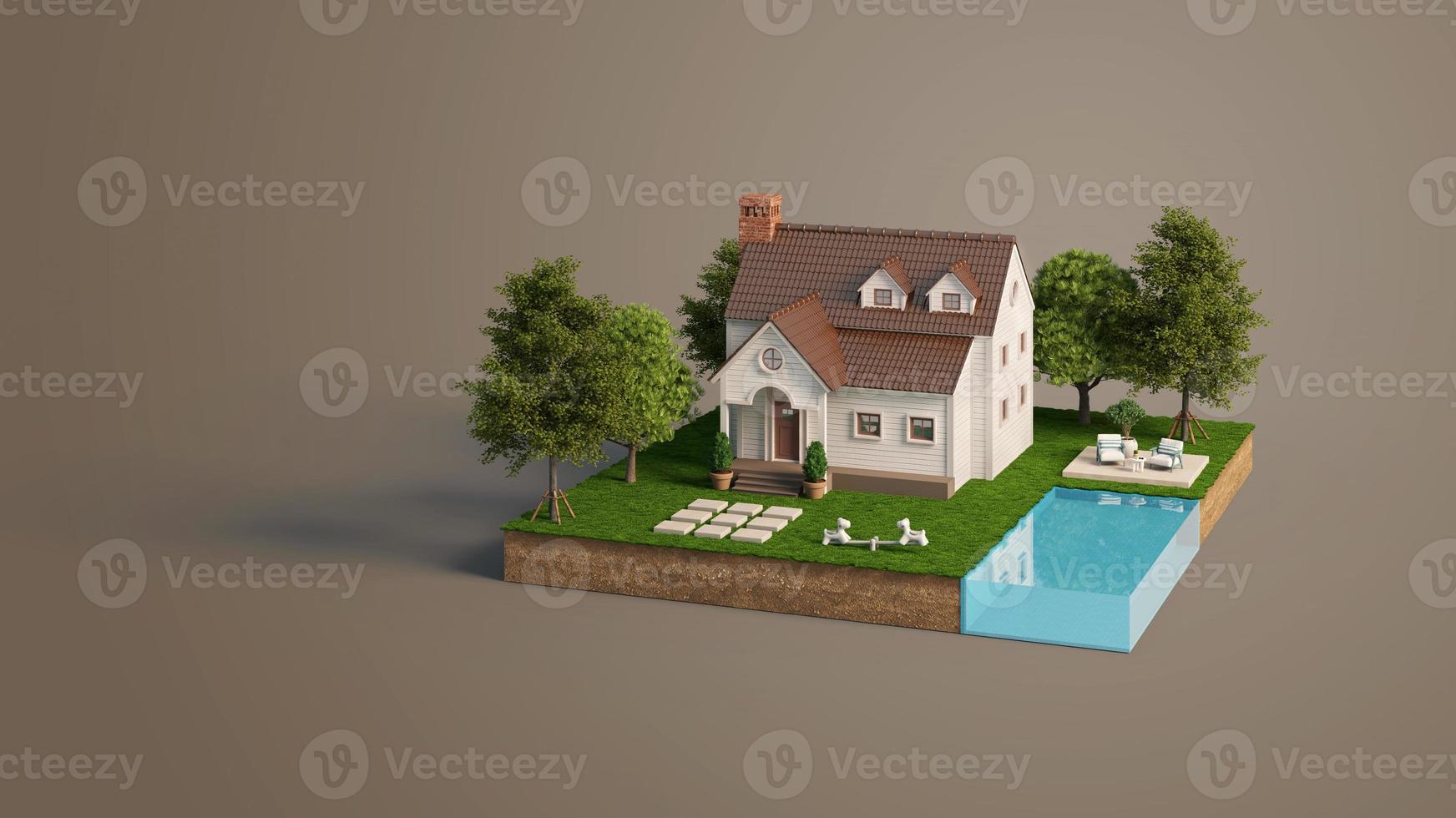 House on land with swimming pool and trees.3d rendering photo