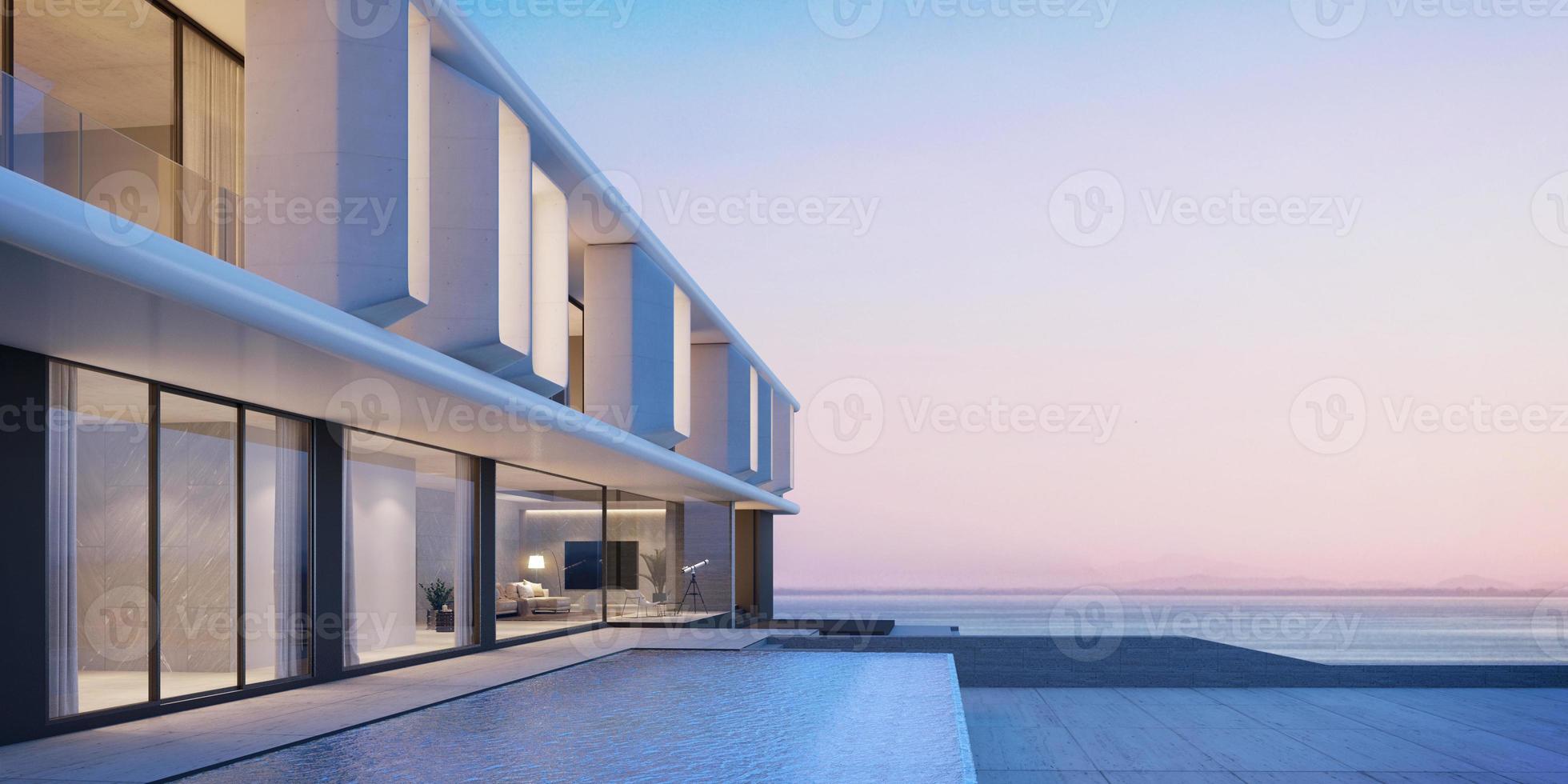 Modern architecture with swimming pool and sea view in sunset.3d rendering photo