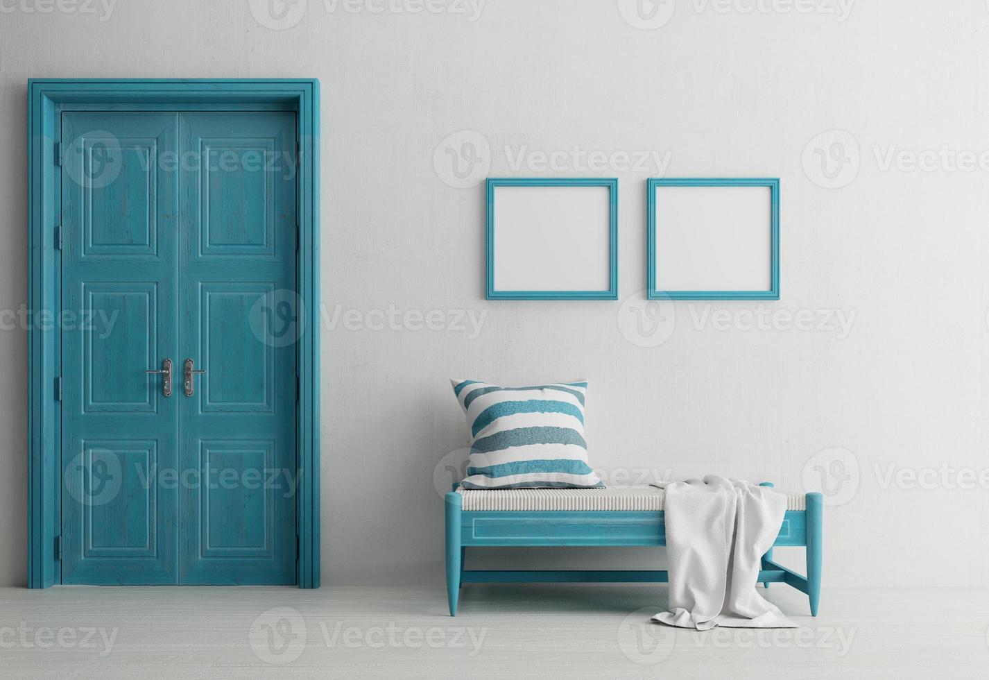 Santorini style interior with bench door and blank picture frame.3d rendering photo