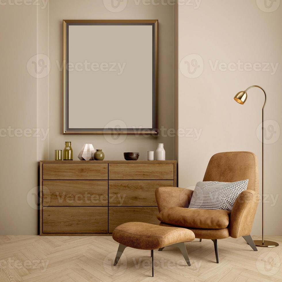 Brown living room with armchair,table,lamp and abstract painting art.3d rendering photo