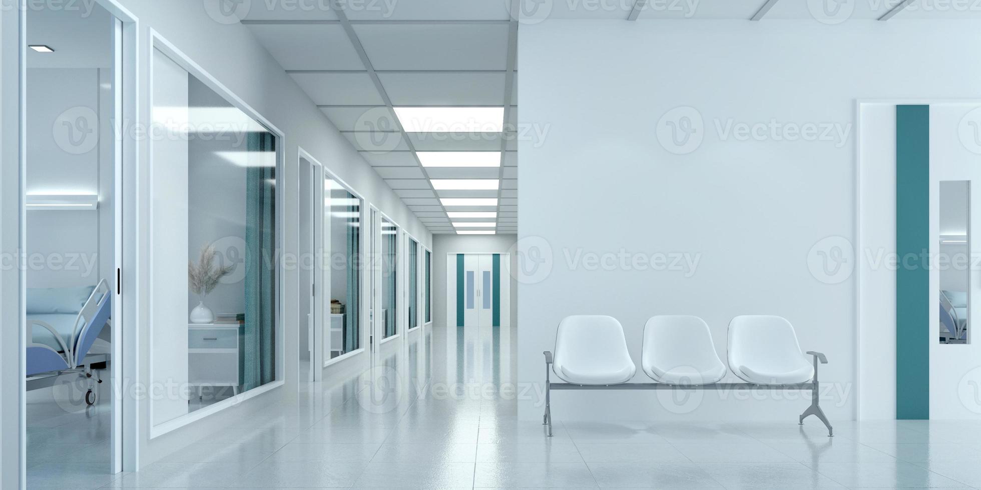Empty corridor in modern hospital with waiting area and hospital bed in rooms.3d rendering photo