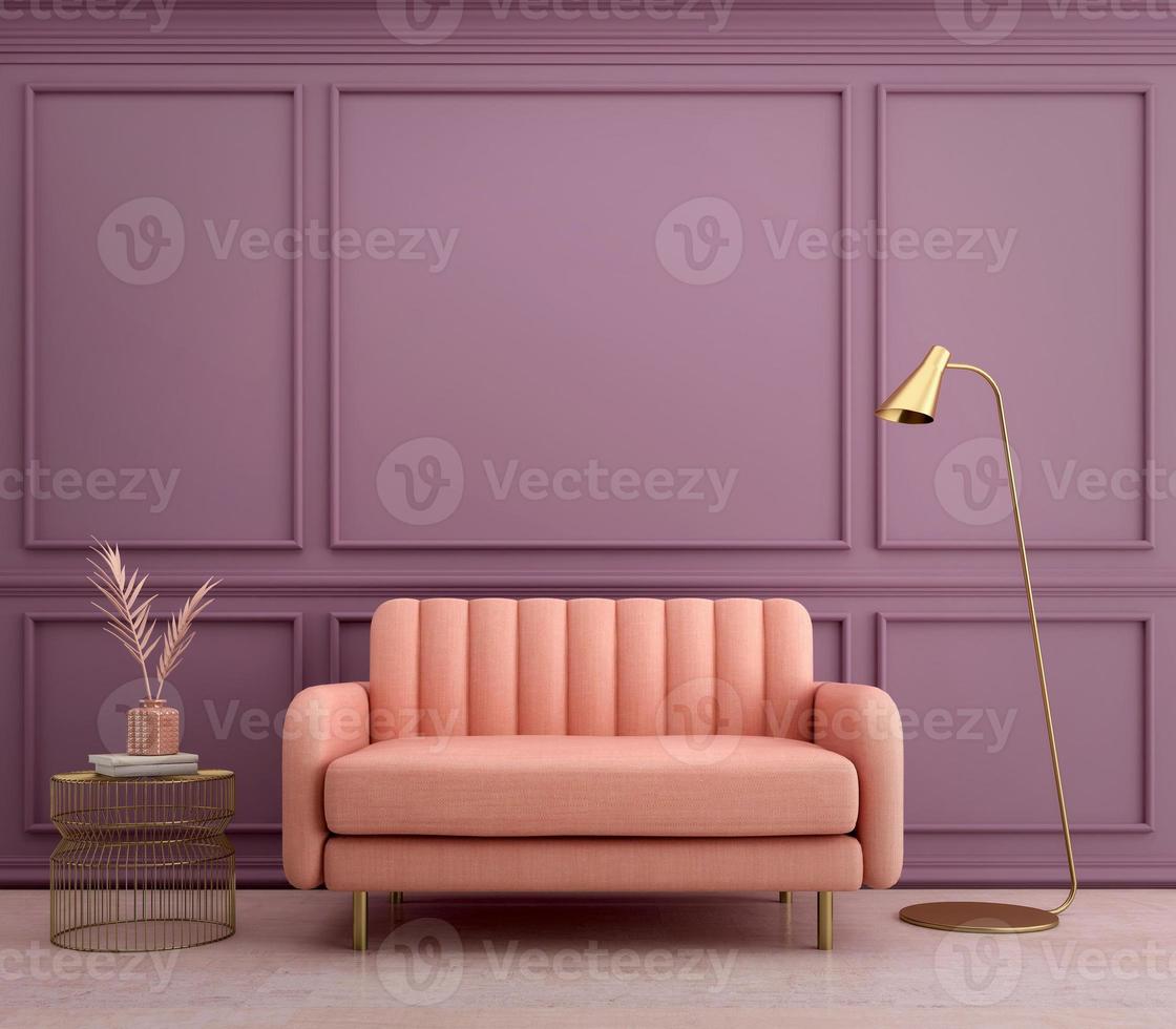 Modern classic style with pink sofa and gold table on purple wall  background.3d rendering photo