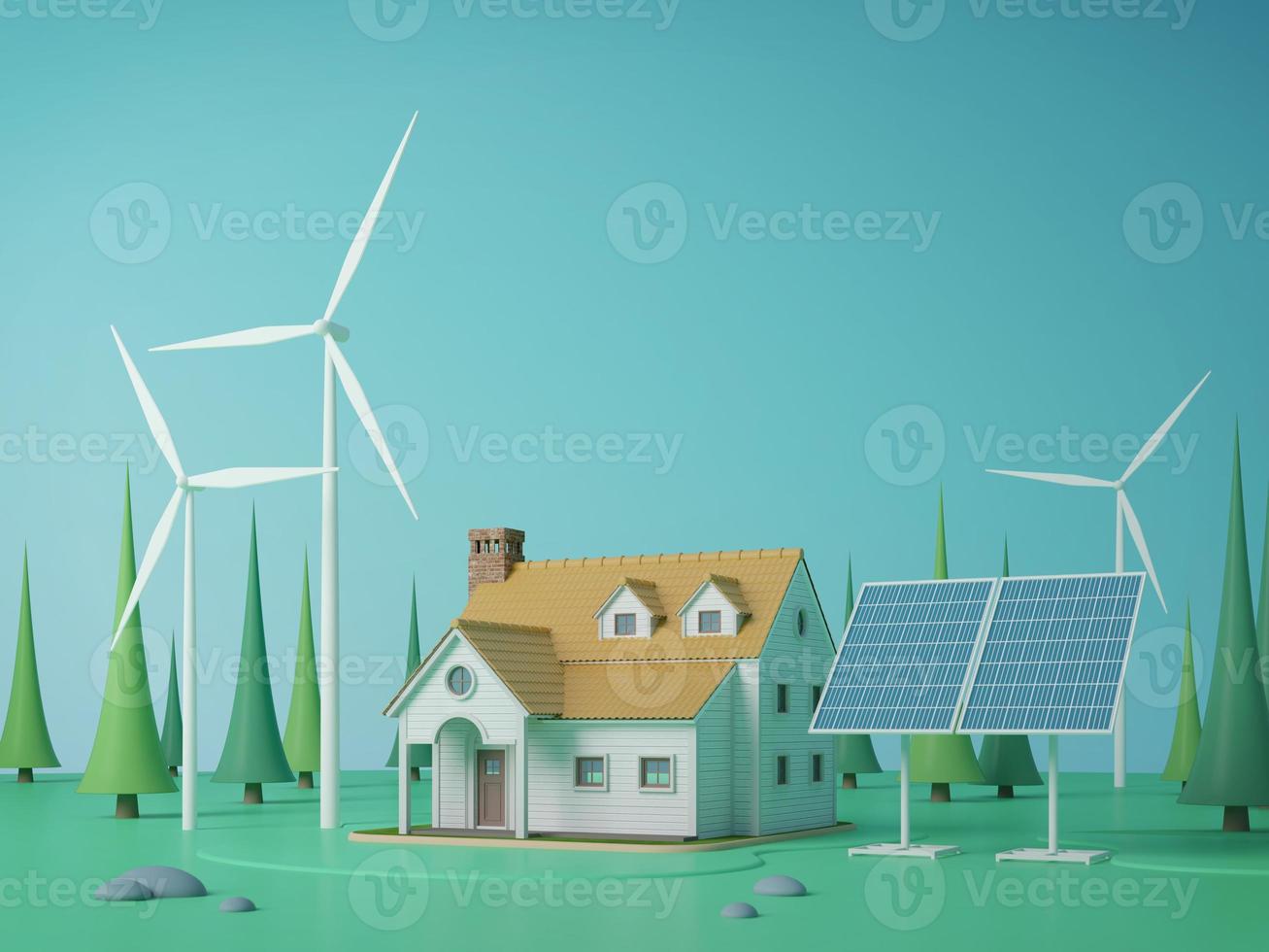 House with energy saving.Solar panels and windmills.Cartoon style.3d rendering photo