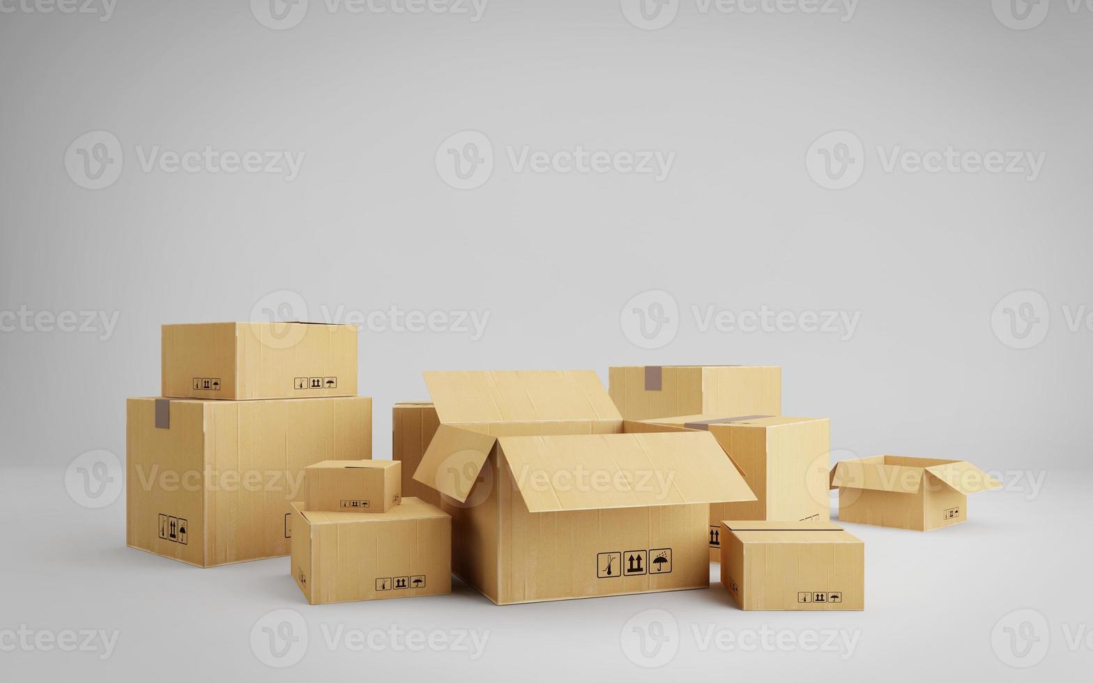 Set of parcels isolated on white background.Cardboard boxes for packing and transportation.Concept for shopping online,e-commerce.3d rendering photo