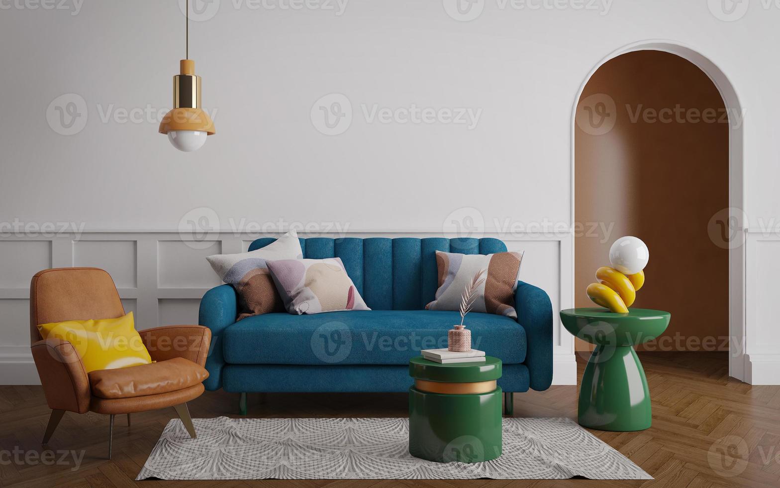 Midcentury modern interior design with sofa armchair and table.3d rendering photo