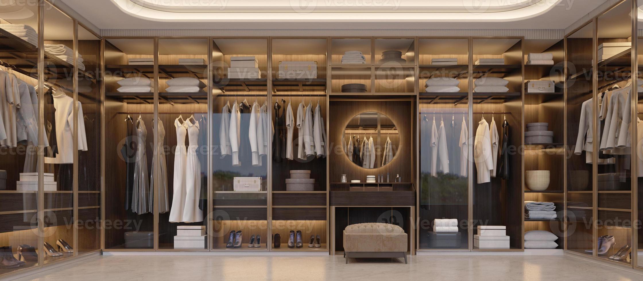 Panorama of luxury walk in closet interior with wood and gold elements.3d rendering photo