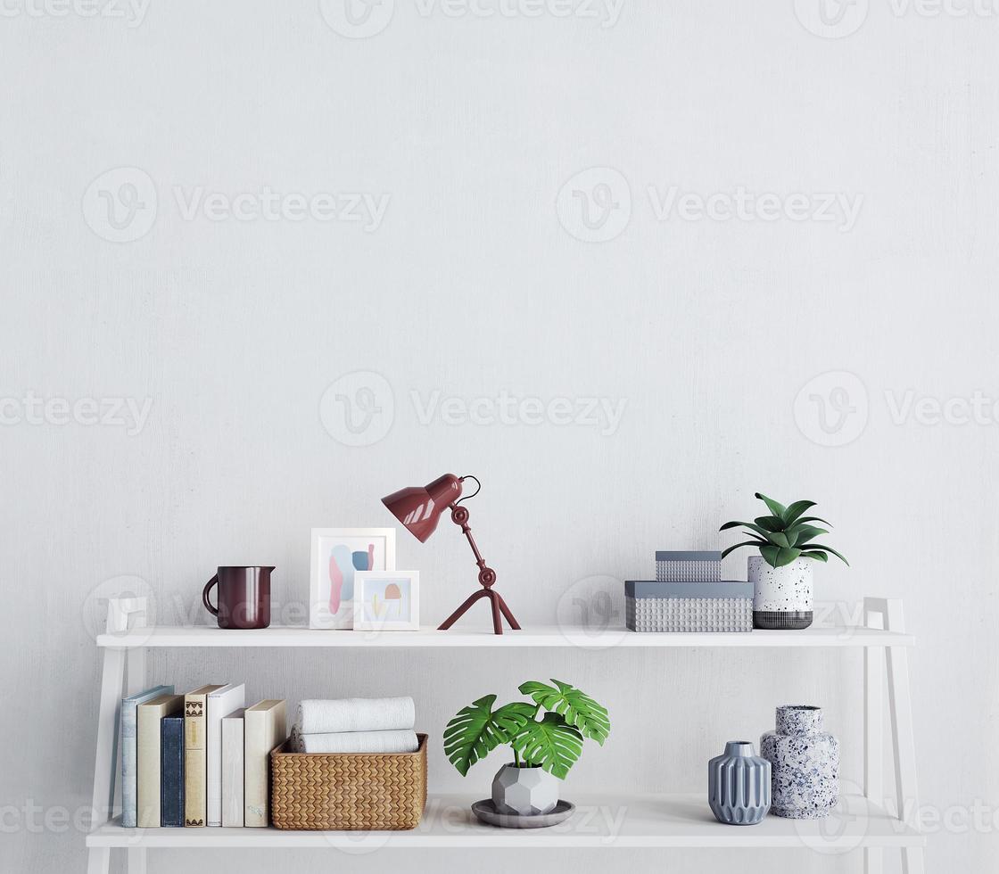 estante blanco con objetos de decoración y fondo de pared blanca en blanco. representación 3d foto