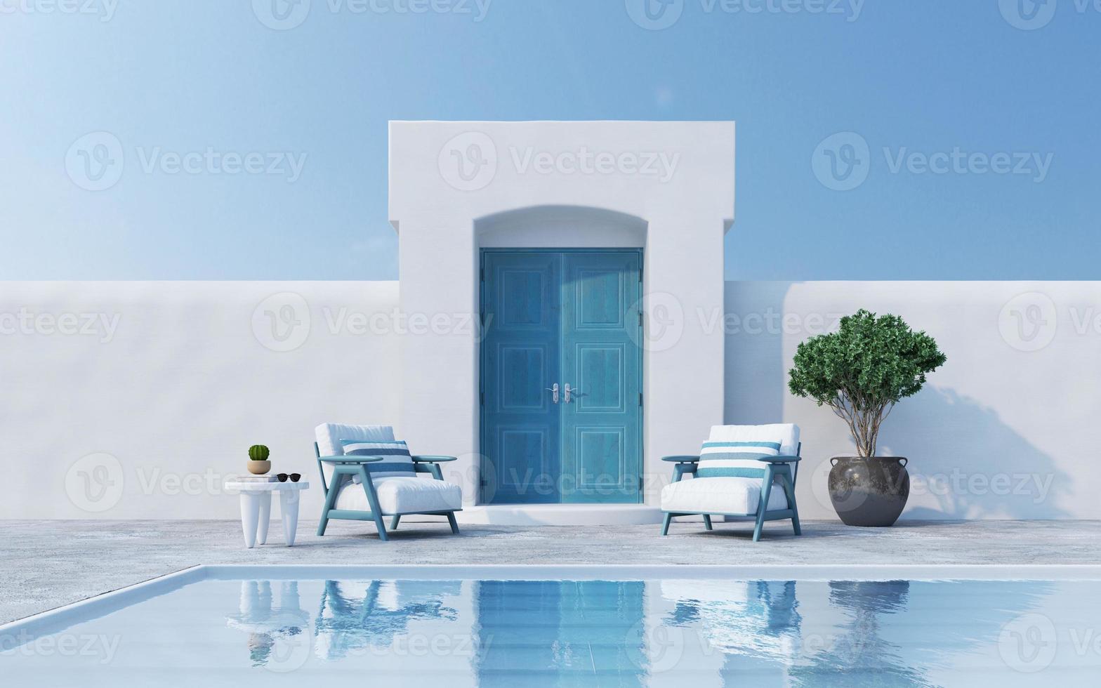 Santorini style architecture with armchairs plant door and swimming pool.3d rendering photo