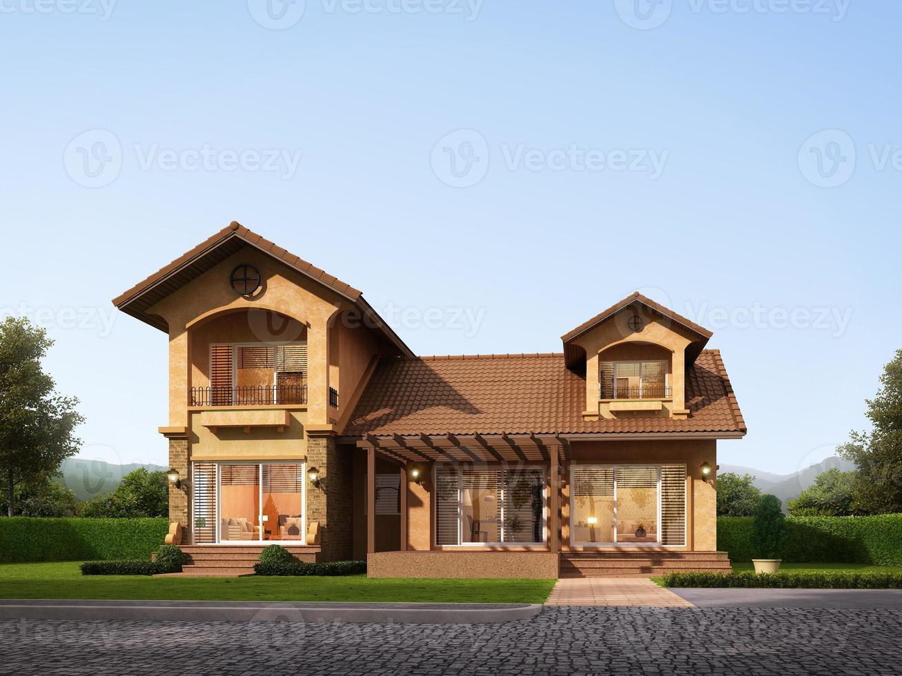 Country house front view with lawn and blue sky background.3d rendering photo