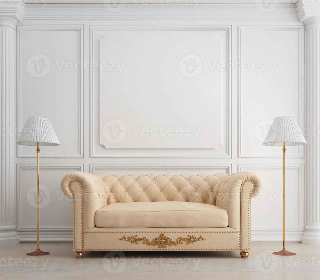 Classic white room with safa lamp column and wall molding.3d rendering photo