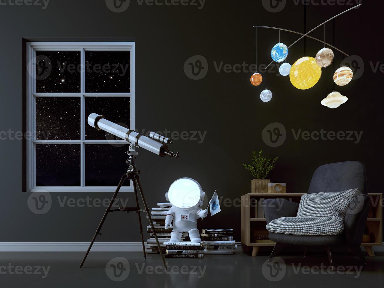 Room with telescope at the window.Night scence interior with astronaut lamp and planet.3d illustration photo