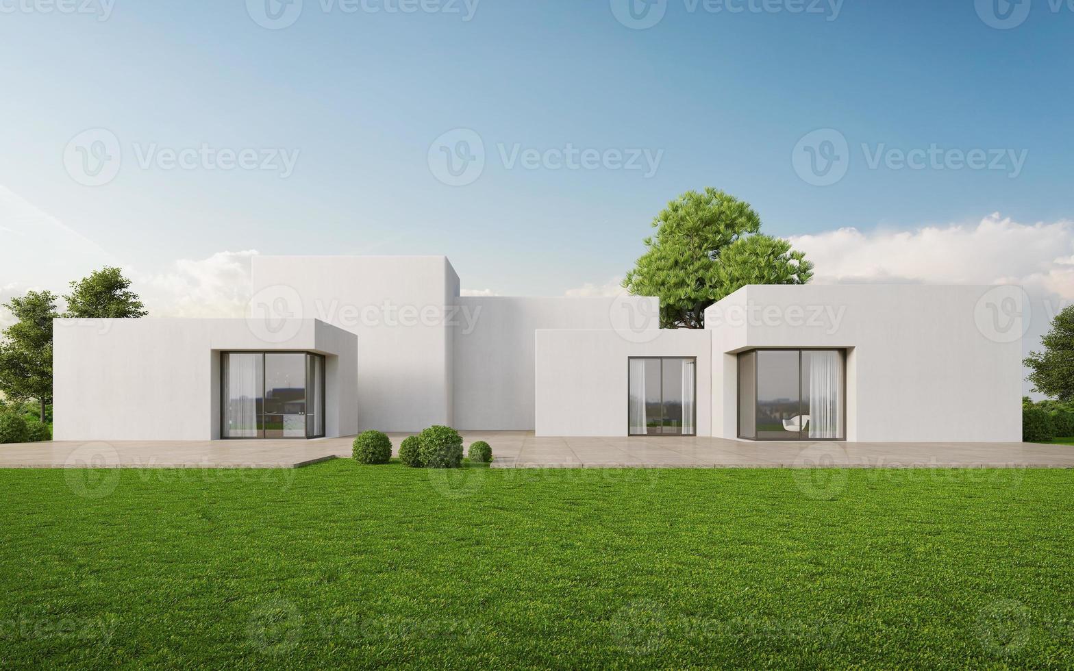 Boxes house modern exterior architecture with lawn and blue sky.3d rendering photo