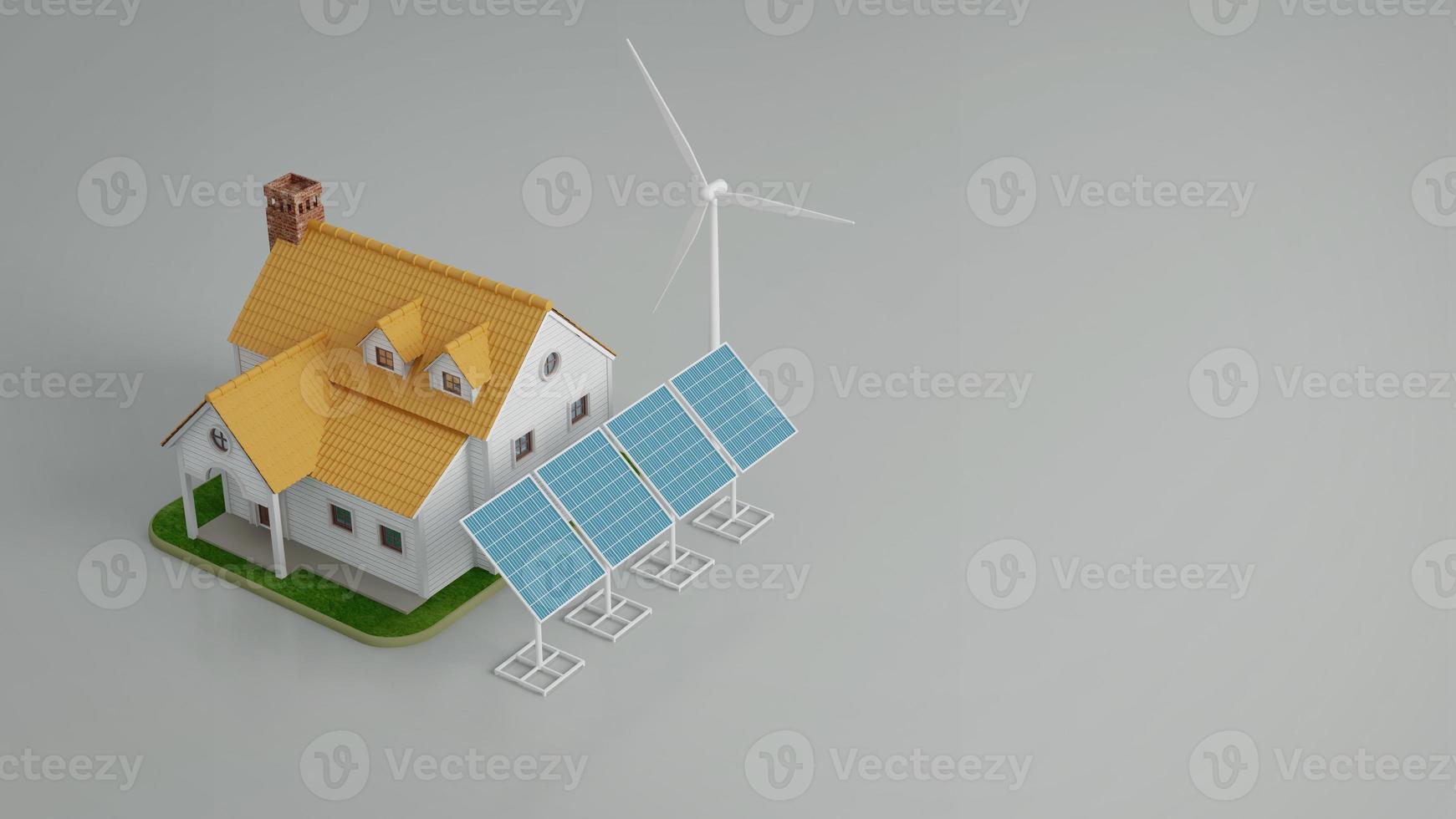 House with energy saving.Solar panels and windmills.Isometric.3d rendering photo