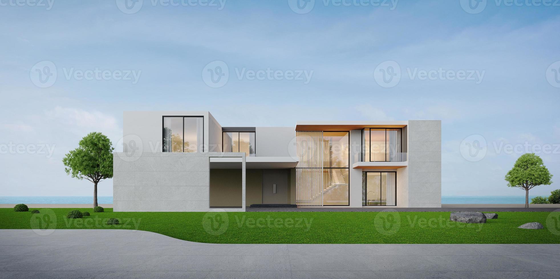 Luxury modern house on grass with sea view and blue sky background,Concept for real estate or property.3d rendering photo