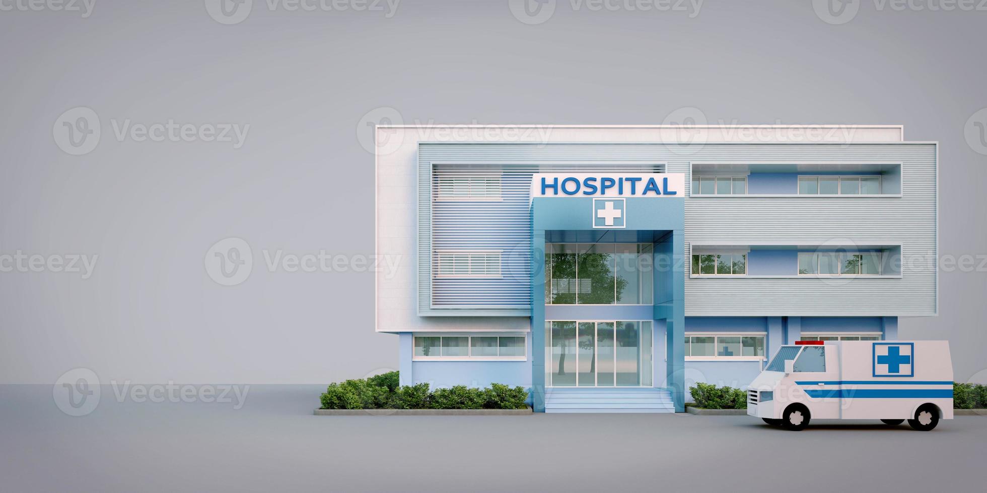 Hospital front view exterior isolated on background with ambulance.3d rendering photo