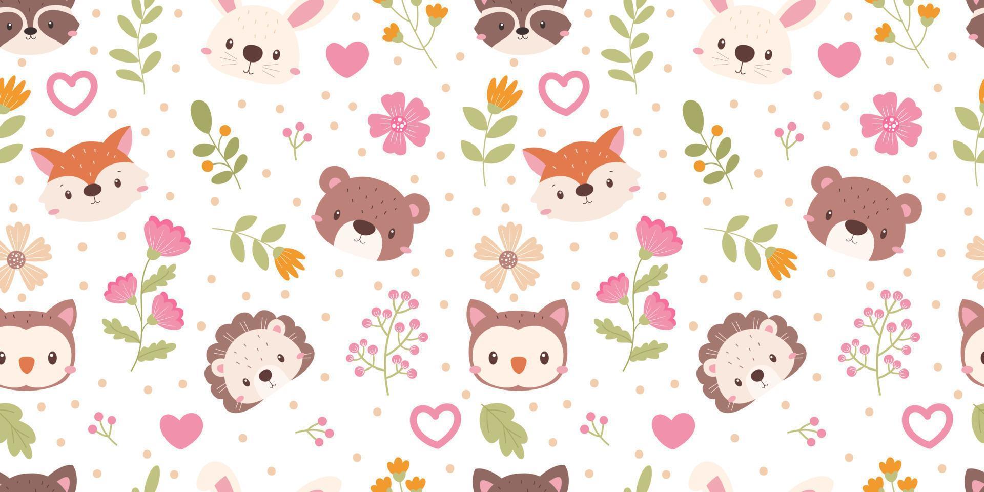 Cute animals face and floral seamless pattern vector