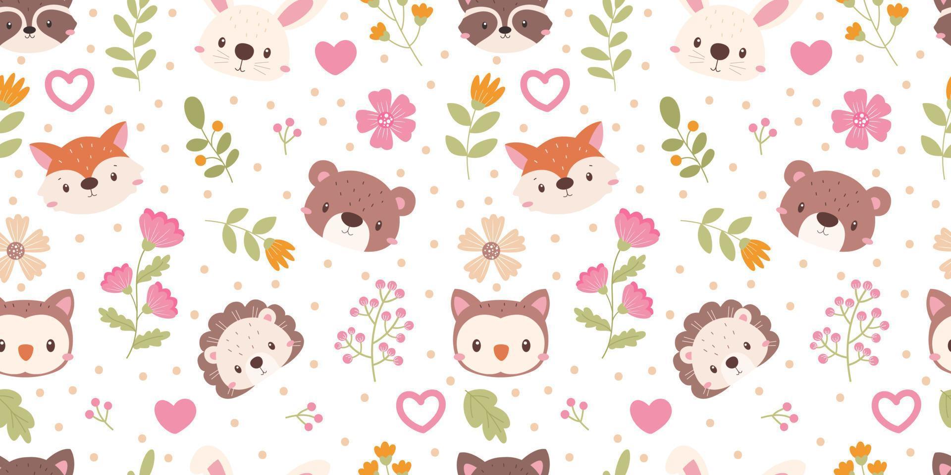 cara de animales lindos y patrones sin fisuras florales vector