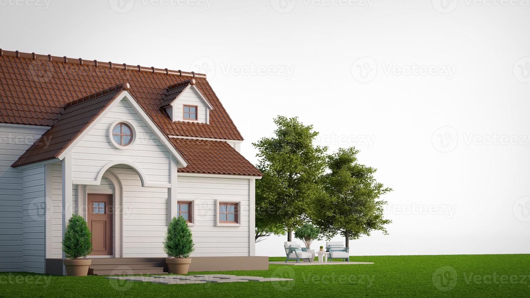 House on lawn with trees on white background.3d rendering photo