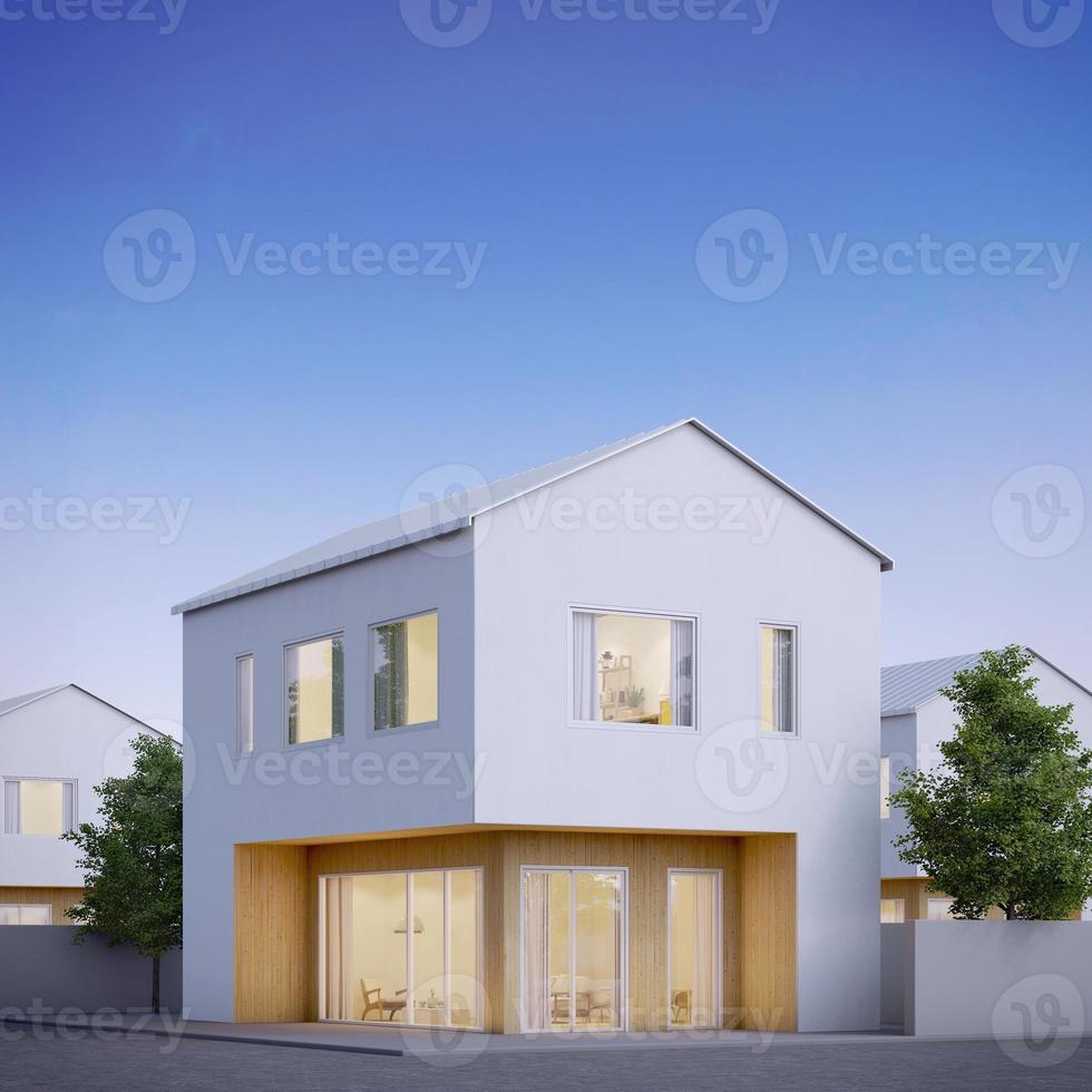 Modern house exterior minimal style with white concrete and wood.3d rendering photo