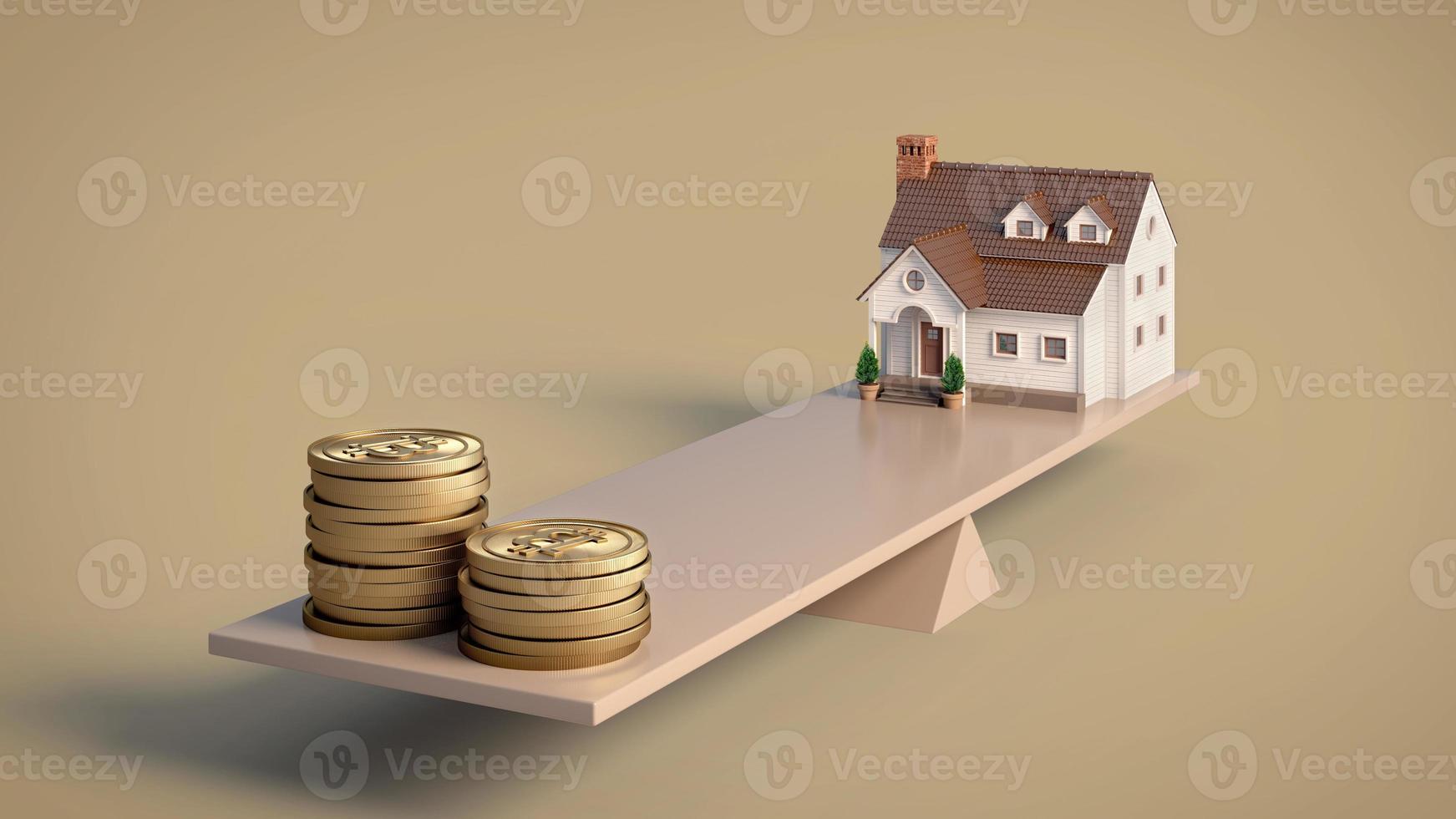Home and money coins stack on scale.Concept for real estate property investment and house mortgage financial.3d rendering photo