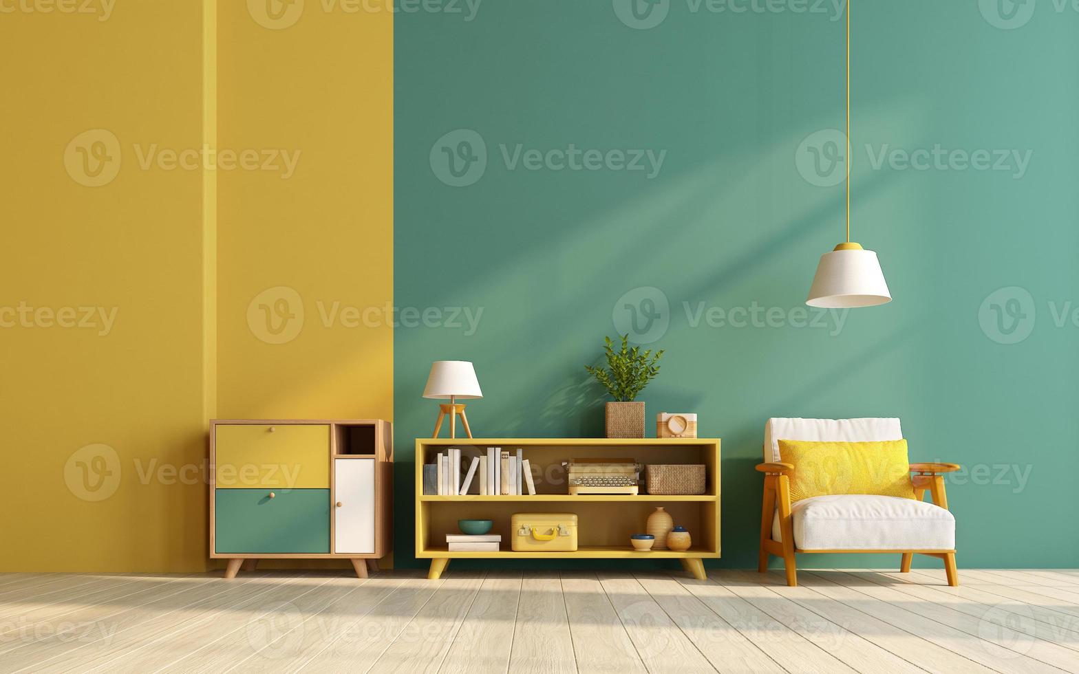 Mock up room in modern style with armchair,cabinet on yellow and green wall background.3d rendering photo