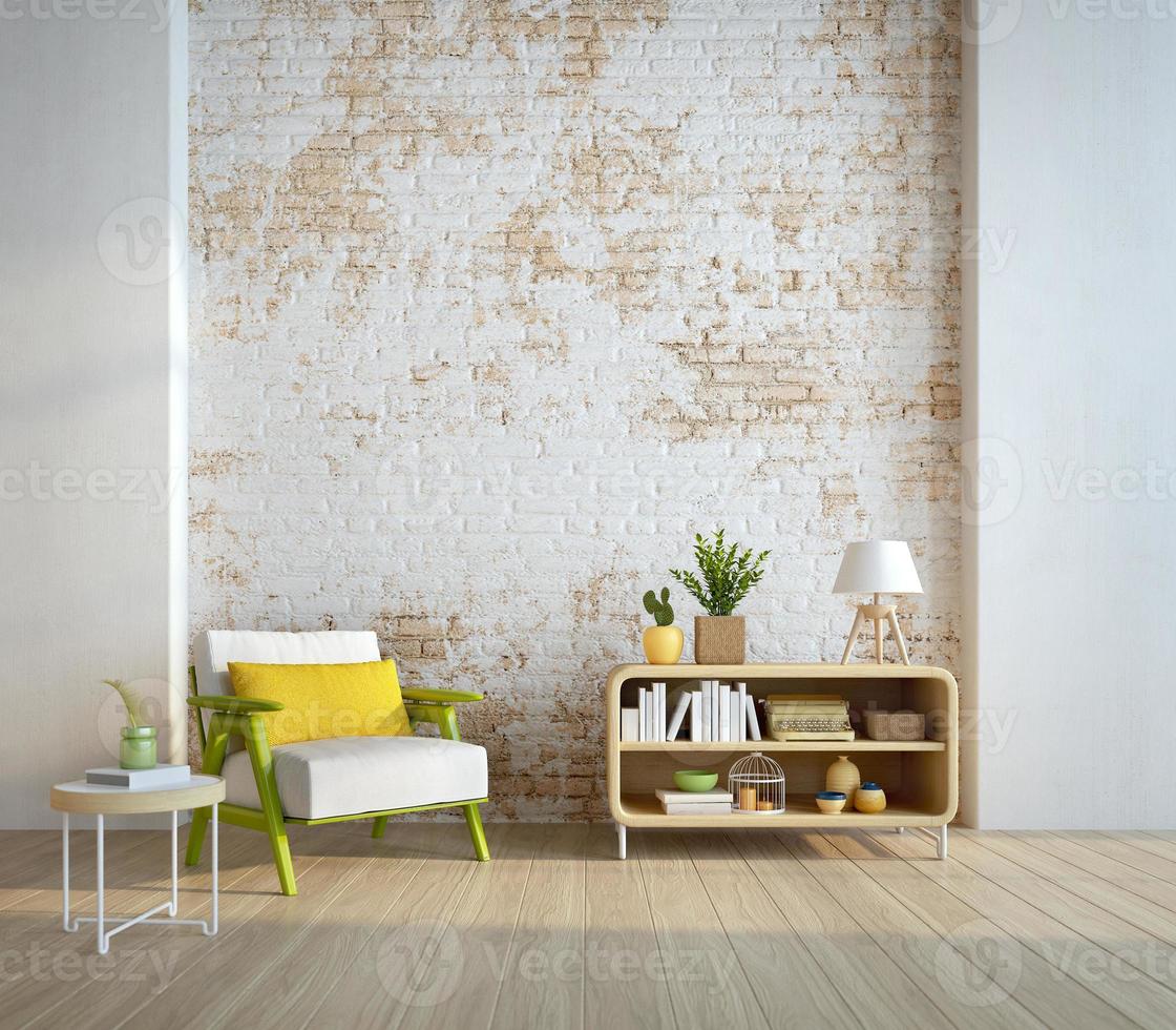 Mock up room in modern style with armchair,cabinet and old brick wall background.3d rendering photo