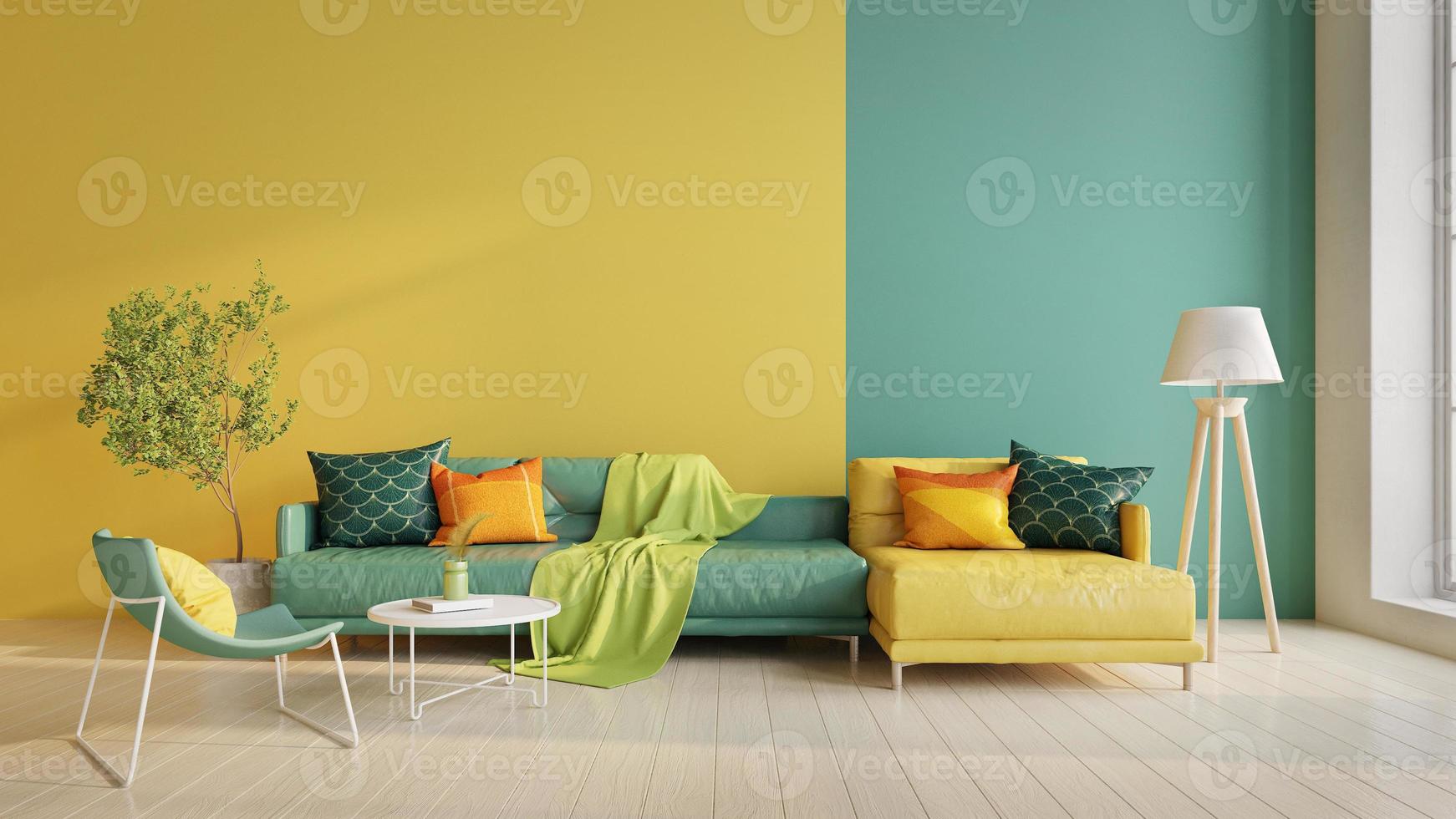 Living room in modern style with sofa,chair on yellow and green wall background.3d rendering photo