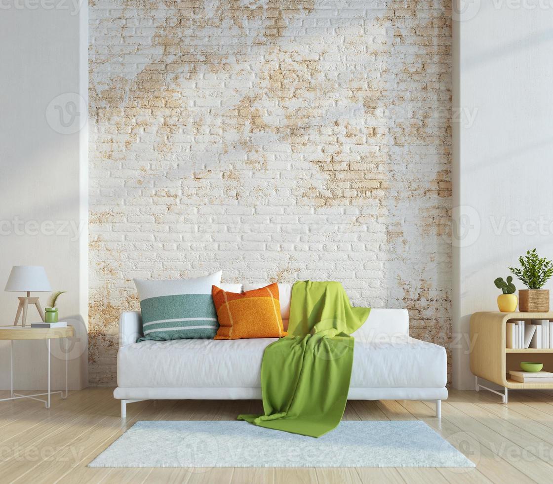Living room in modern style with white sofa and colourful pillows and old brick wall background.3d rendering photo