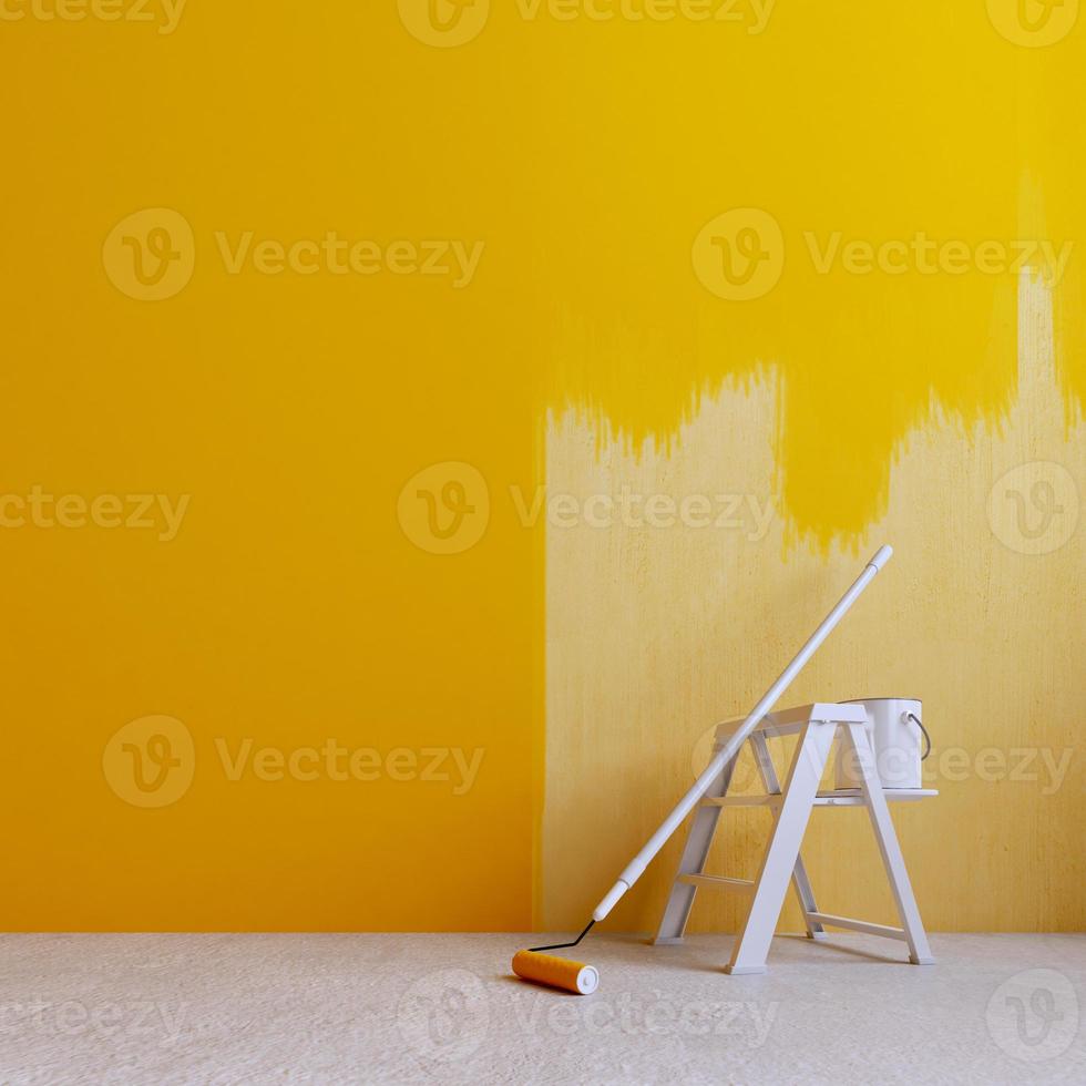 Painting empty room wall in yellow.Concept for home renovation.3d rendering photo