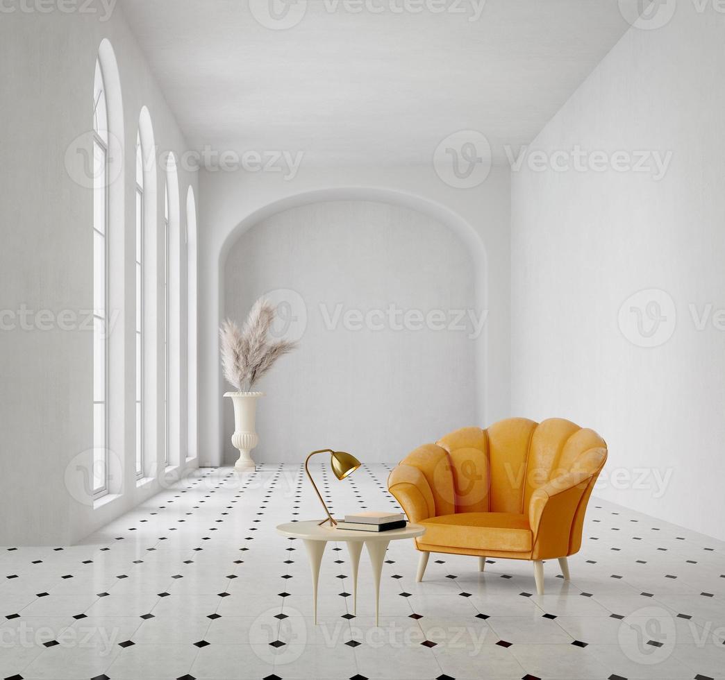 White modern classic style interior.Armchair and table with pampas.3d rendering photo