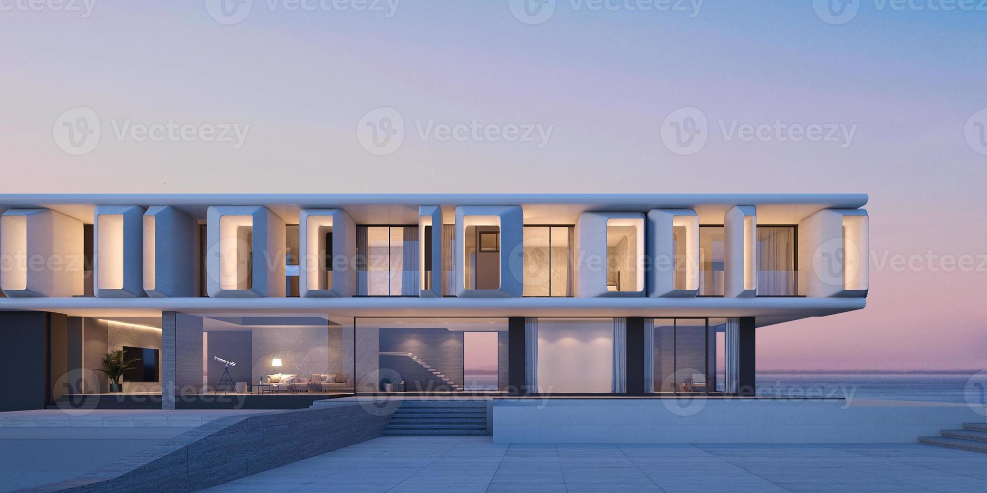 Front view of modern architecture with sea view background.3d rendering photo
