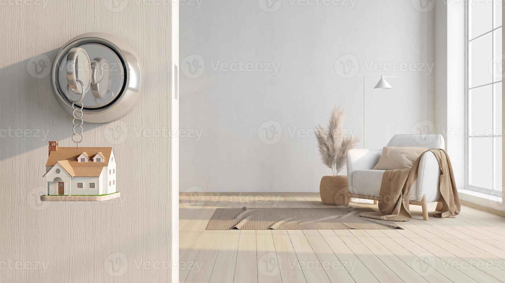 House key and house model white  living room background.Concept for real estate,property,agent.3d rendering photo