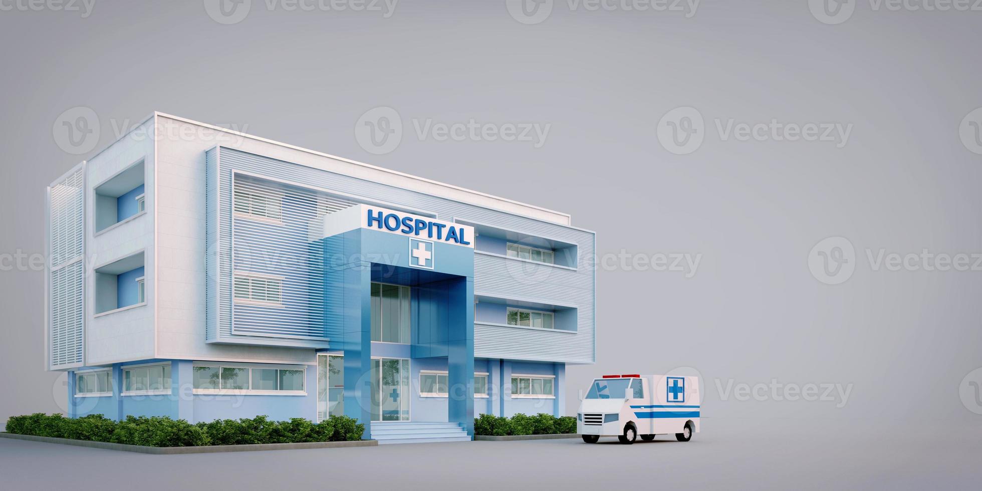 Hospital exterior isolated on background with ambulance.3d rendering photo