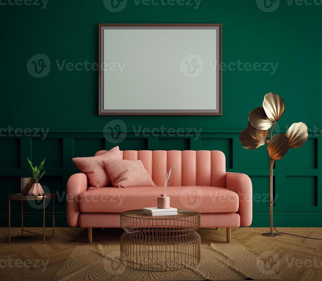 Living room interior.sofa,pillow,lamp and table with blank canvas in art deco style or modern classic.3d rendering photo