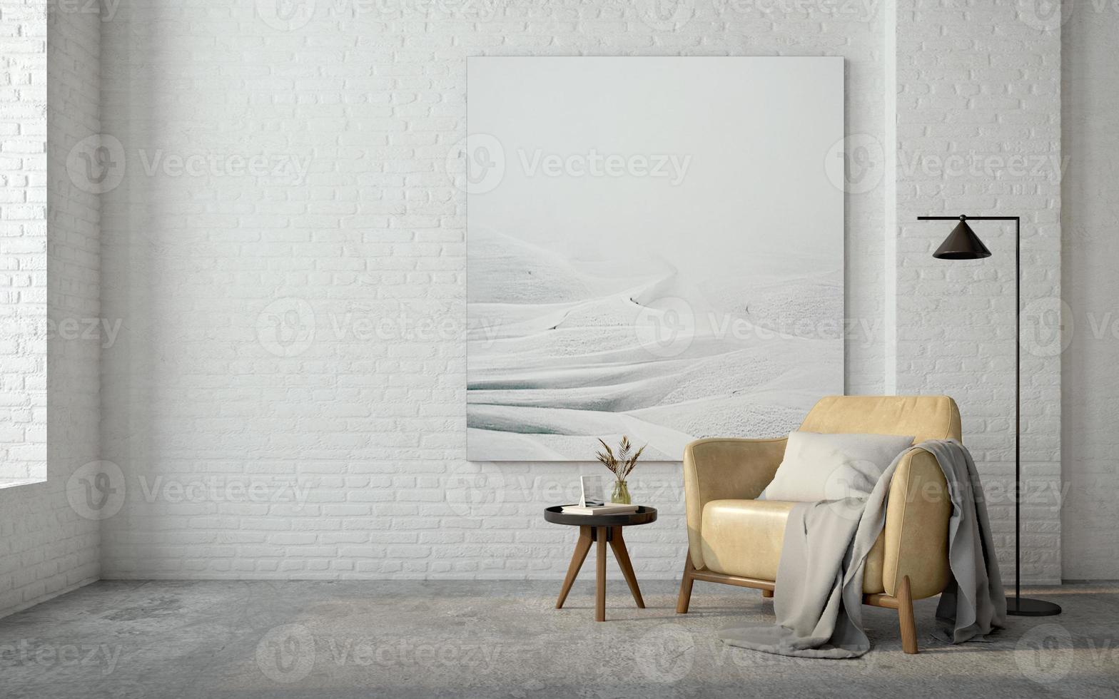 Minimal loft style interior.Armchair,side table,lamp and canvas on brick wall background.3d rendering photo