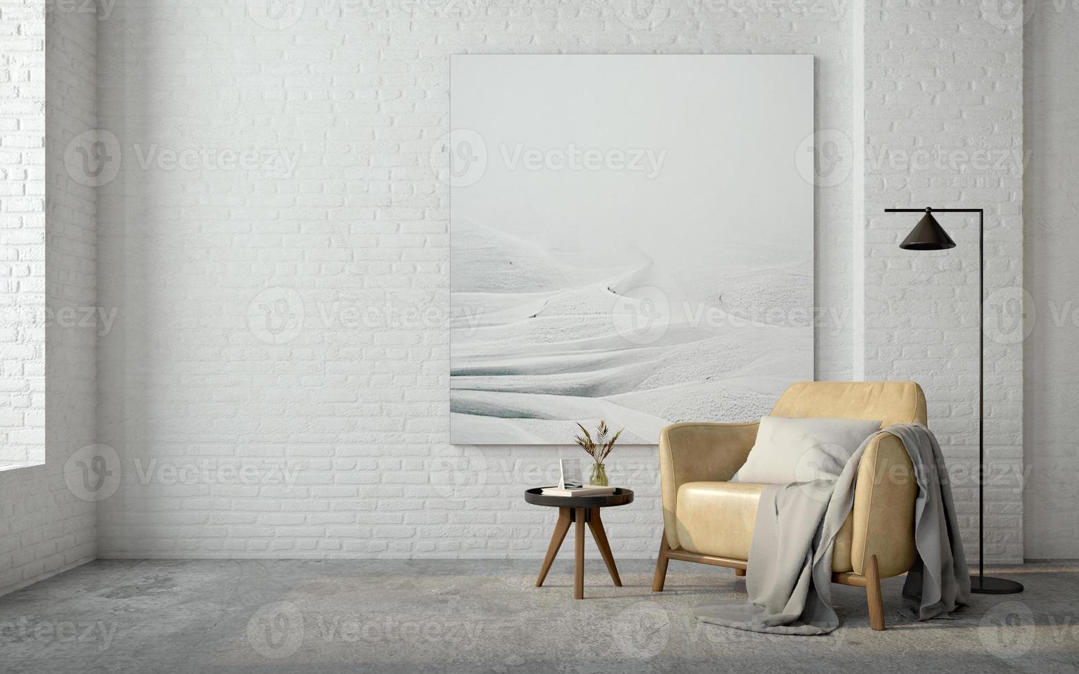 interior de estilo loft mínimo. sillón, mesa auxiliar, lámpara y lienzo sobre fondo de pared de ladrillo. Representación 3d foto