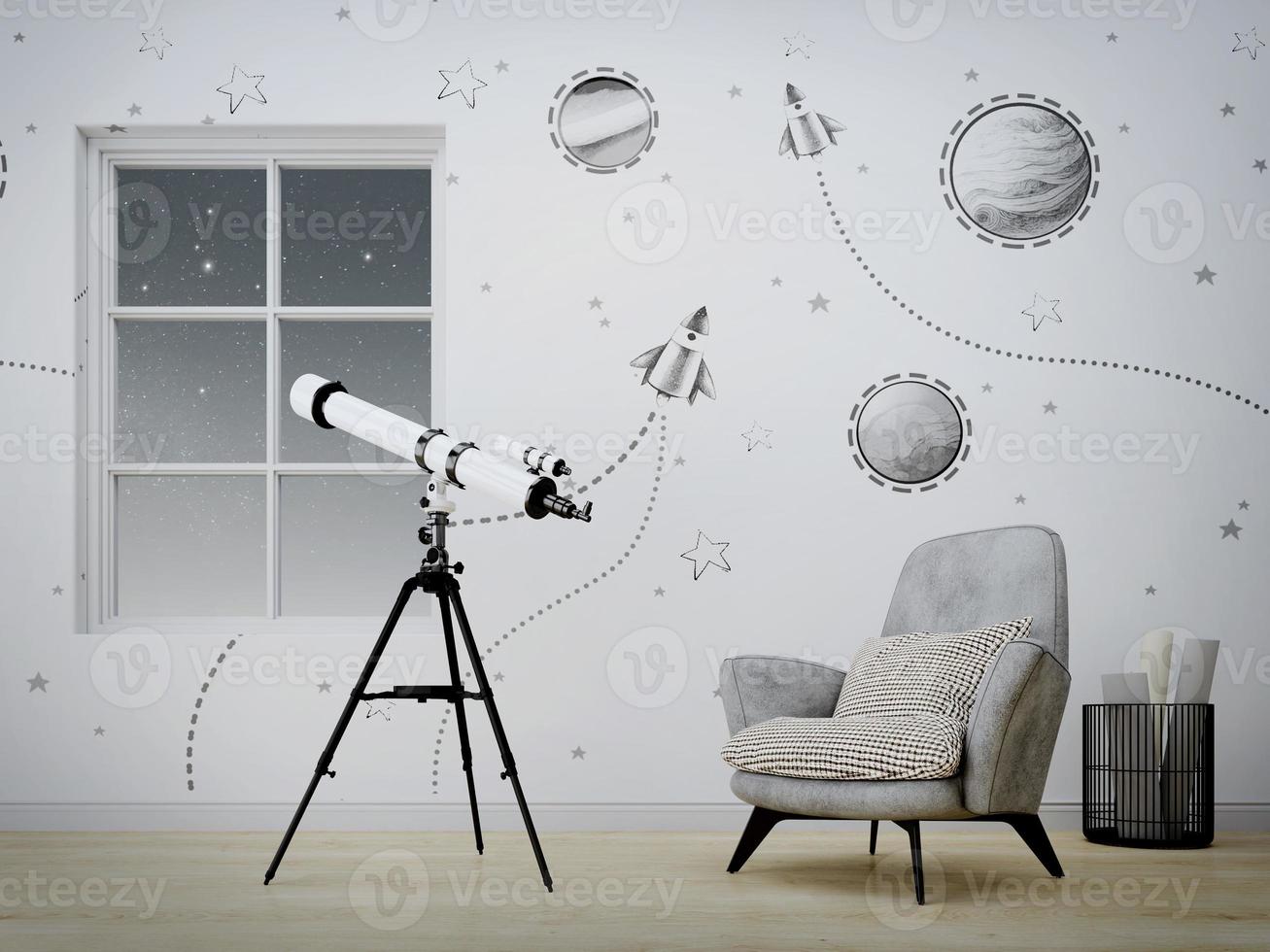 Room and armchair with telescope at the window and planets graphic wallpaper.3d rendering photo