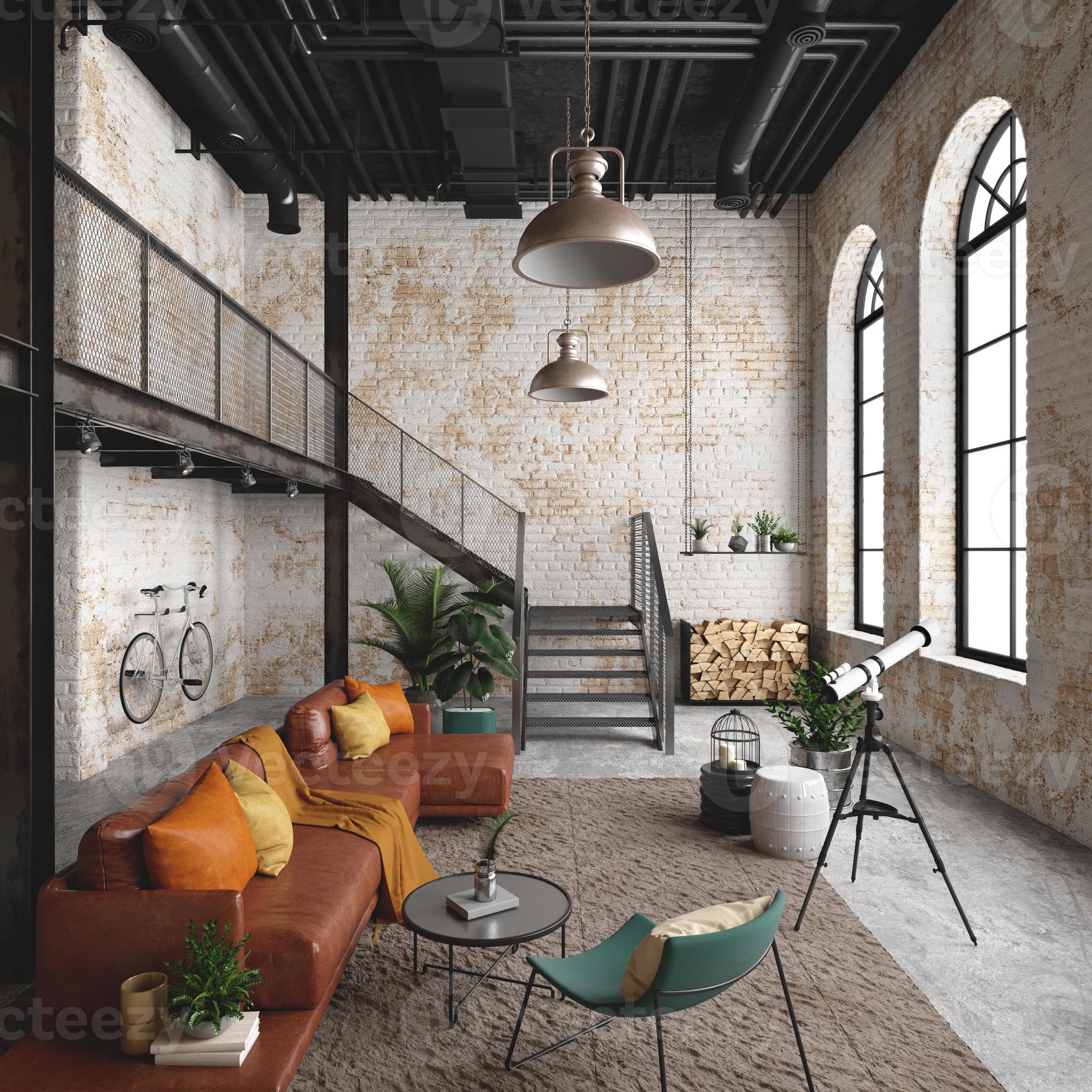 Industrial loft living room interior with sofa,lamp and brick wall.3d