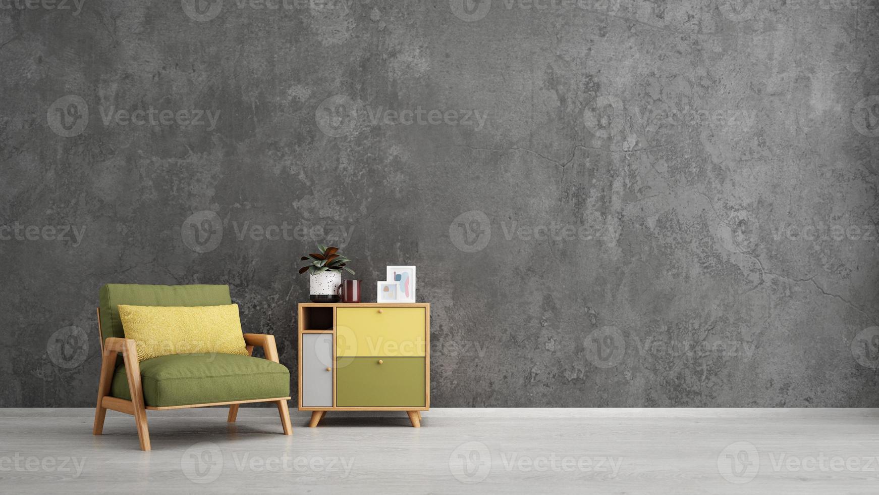 Mockup room with wood cabinet and armchair with polished concrete loft style wall.3d rendering photo