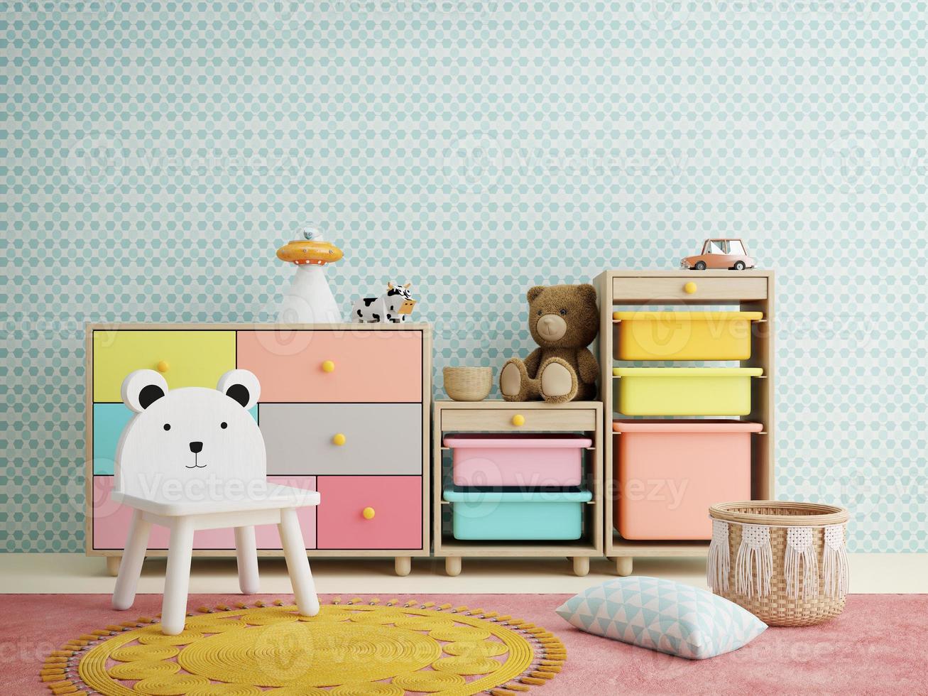 Pastel room for kid.Chair,drawer,shelf and cute stuff.3d rendering photo