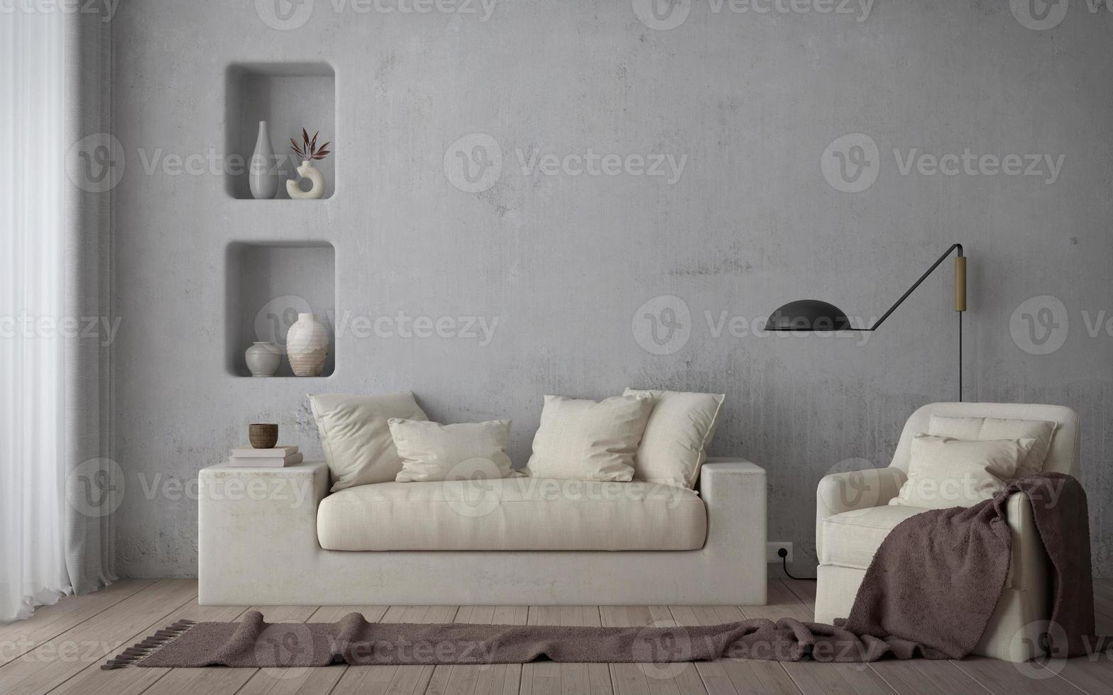 Mediterranean style living room interior.sofa,armchair on wooden floor and white concrete background.3d rendering photo