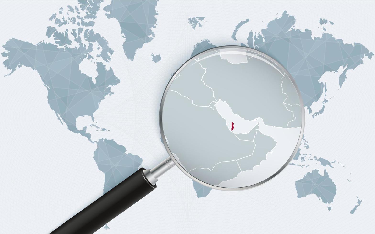 World map with a magnifying glass pointing at Qatar. Map of Qatar with the flag in the loop. vector