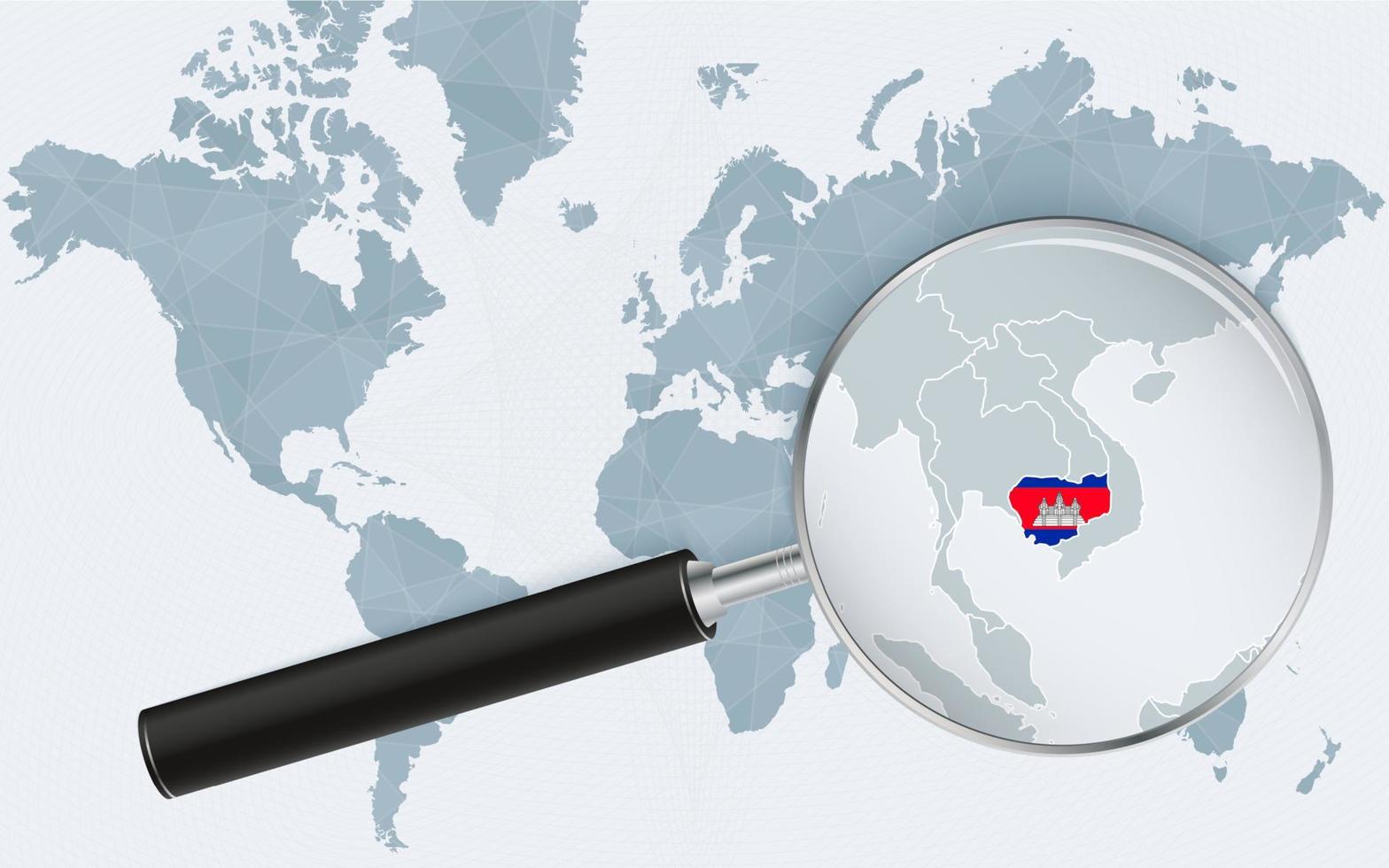 World map with a magnifying glass pointing at Cambodia. Map of Cambodia with the flag in the loop. vector