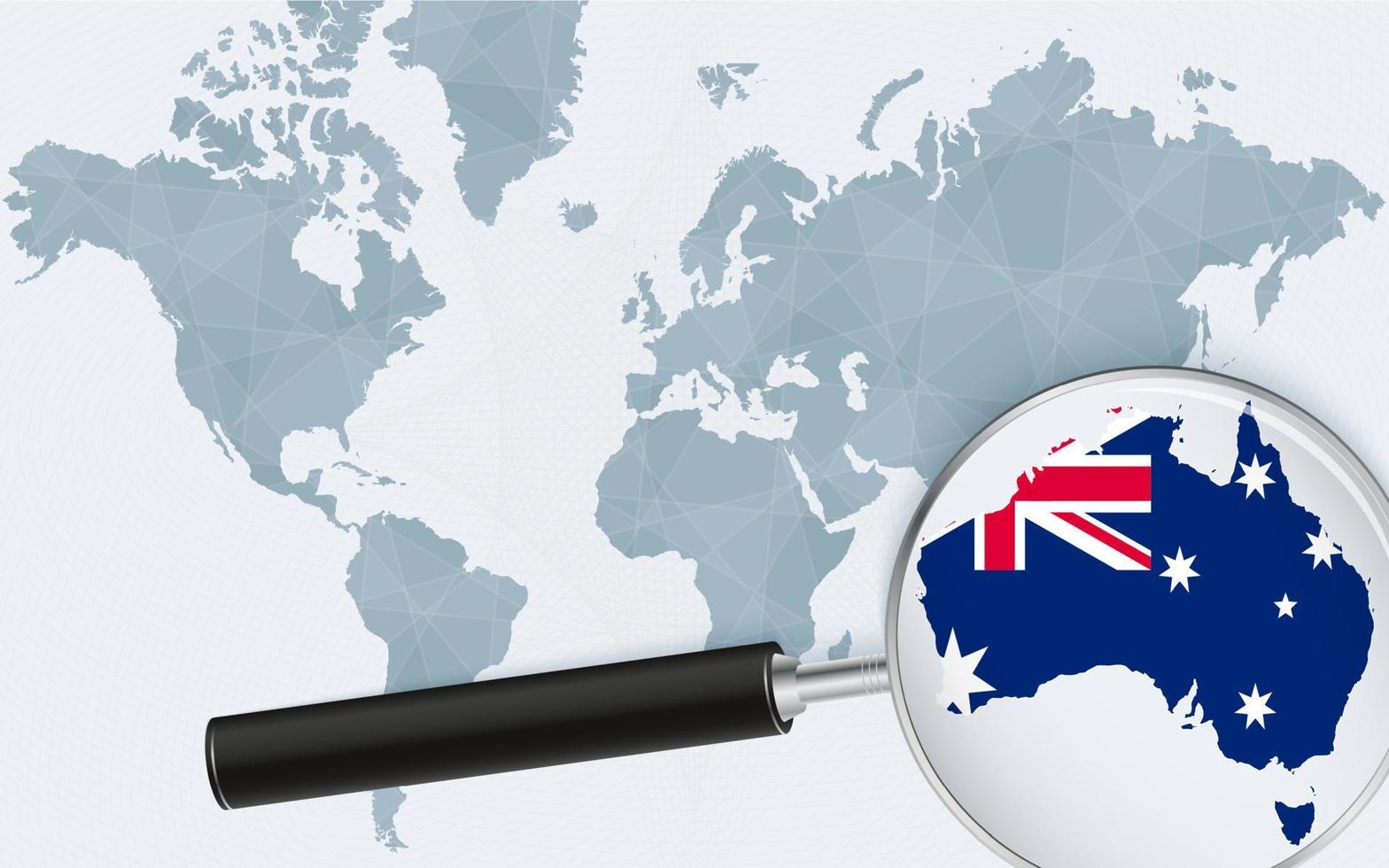 World map with a magnifying glass pointing at Australia. Map of Australia with the flag in the loop. vector