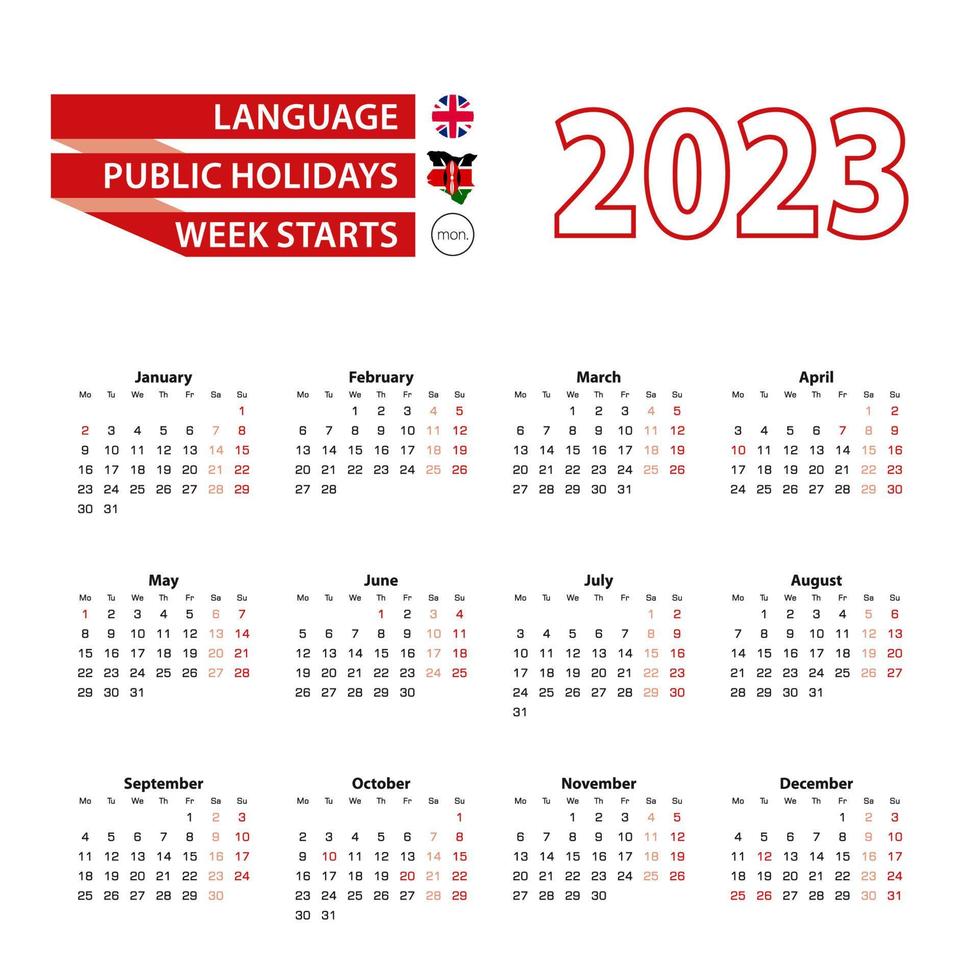 Calendar 2023 in English language with public holidays the country of Kenya in year 2023. vector