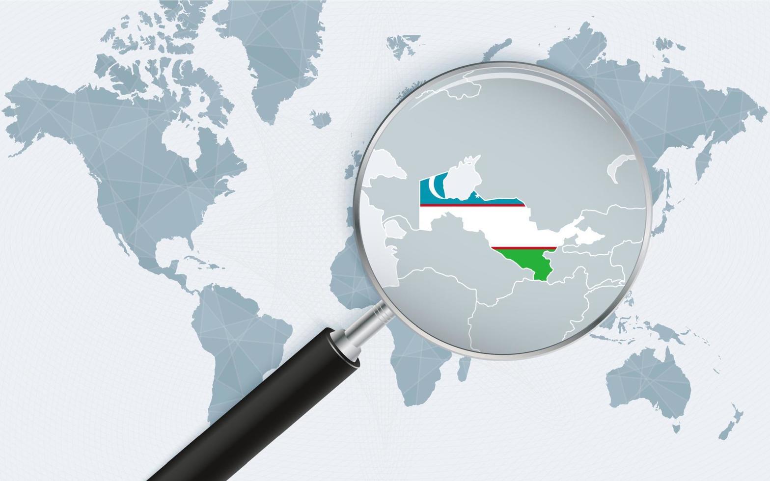 World map with a magnifying glass pointing at Uzbekistan. Map of Uzbekistan with the flag in the loop. vector