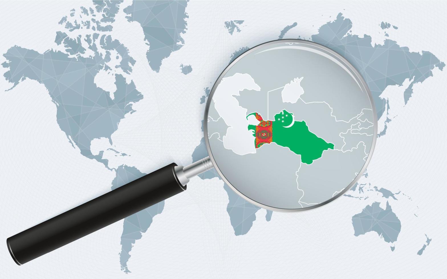 World map with a magnifying glass pointing at Turkmenistan. Map of Turkmenistan with the flag in the loop. vector